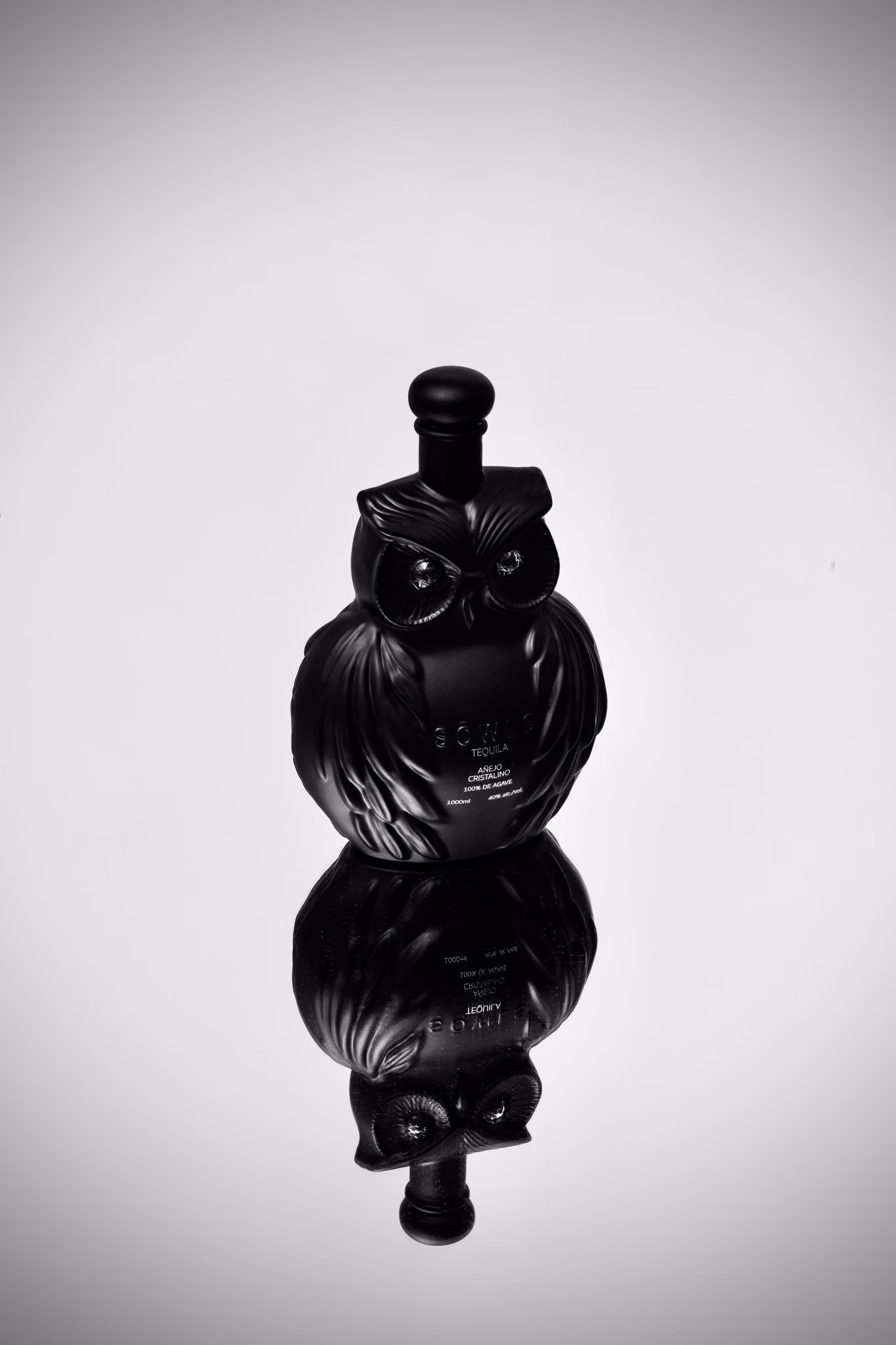 Black bottle in a studio under gray lighting