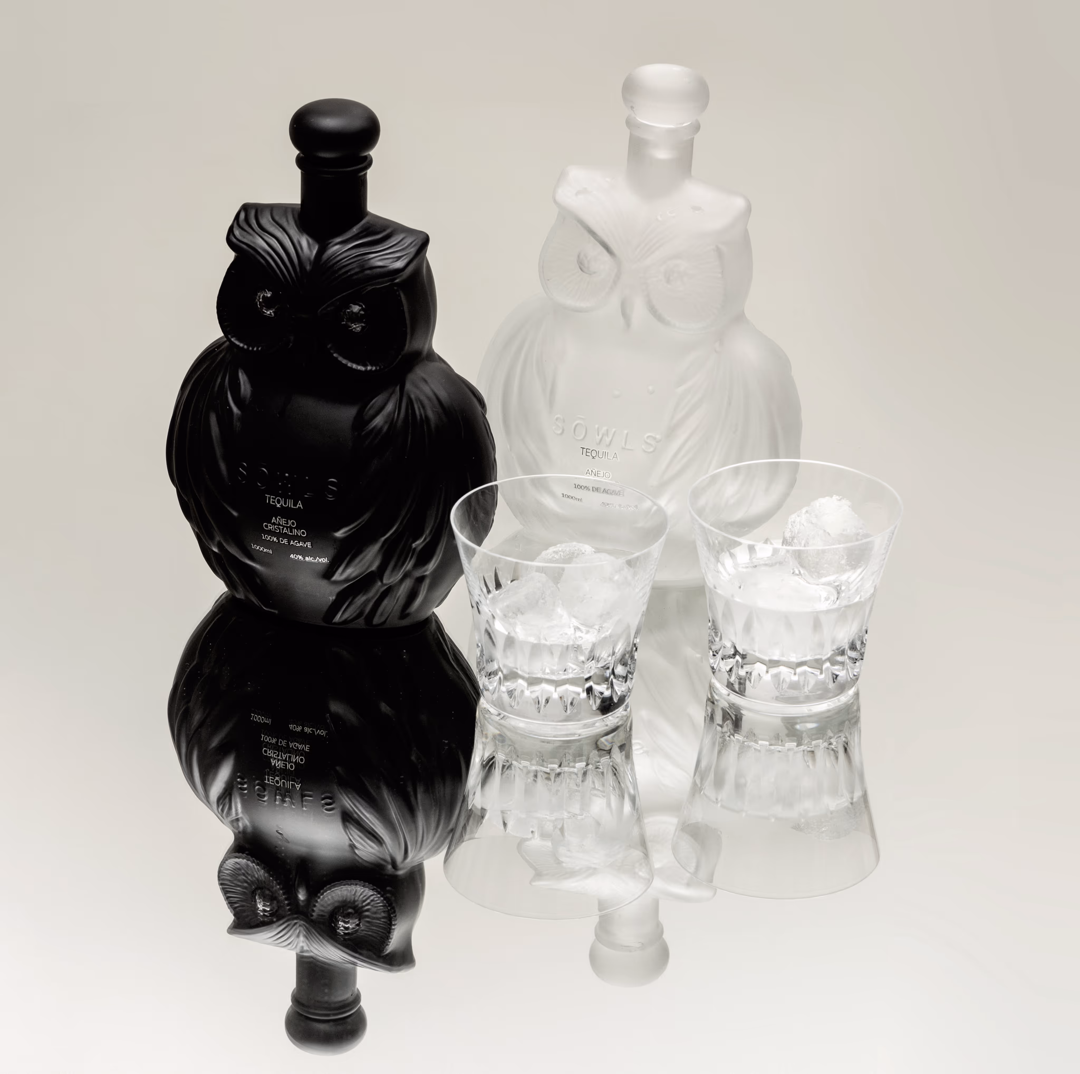 Two bottles with glasses in gray lighting
