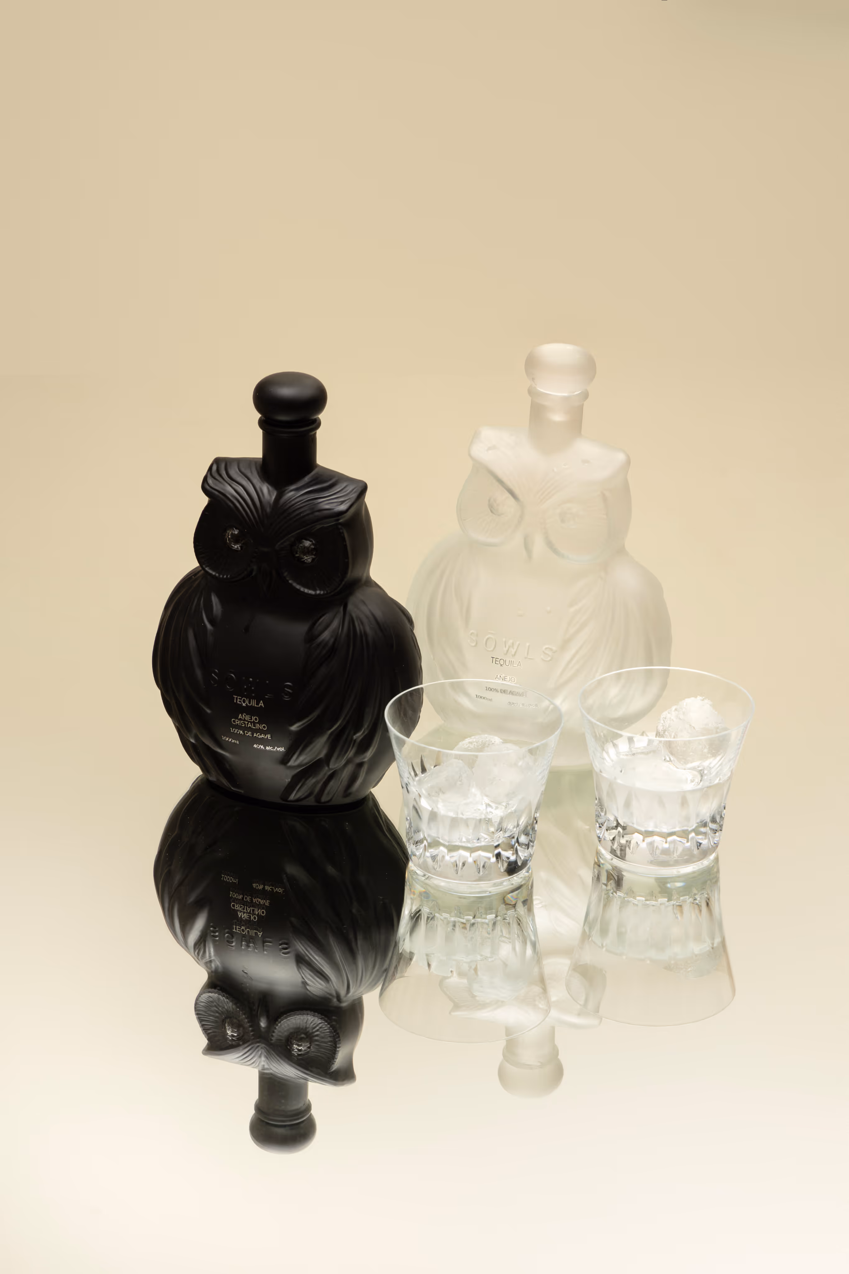 Two bottles with glasses in warm lighting