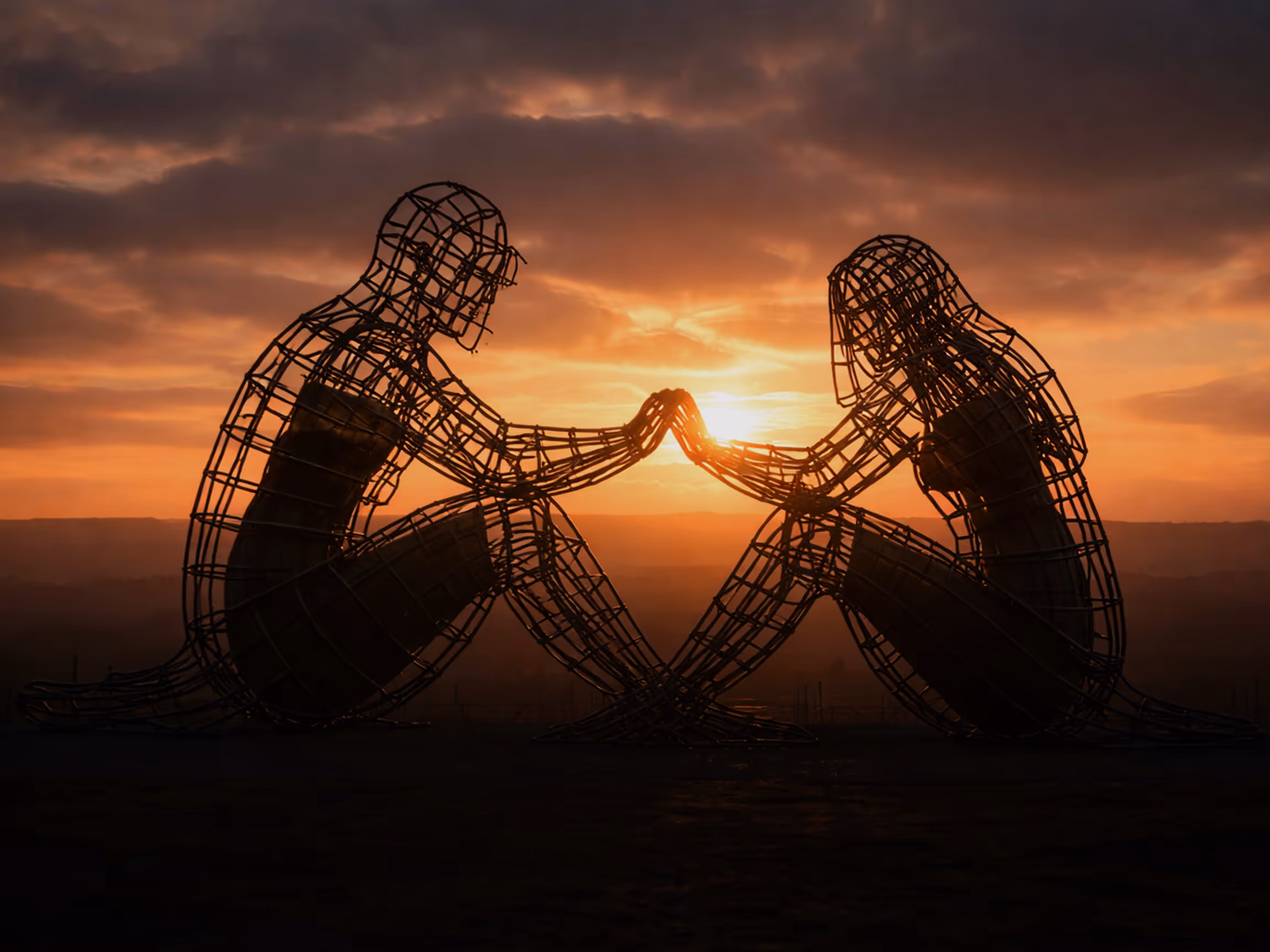 Metal sculpture art at sunset